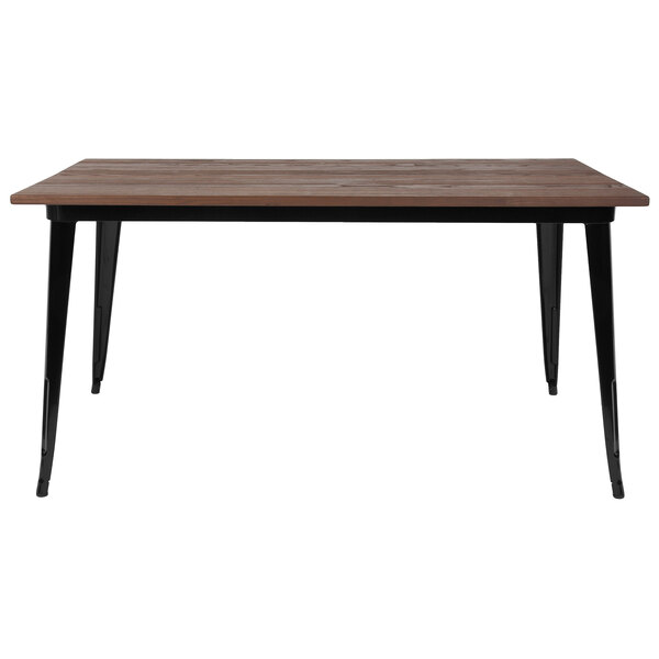 A Flash Furniture rectangular dining table with black metal legs and a rustic walnut wood top.