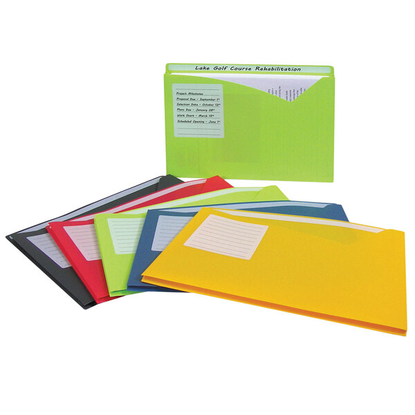 A set of C-Line letter size poly file folders in assorted colors with labels.