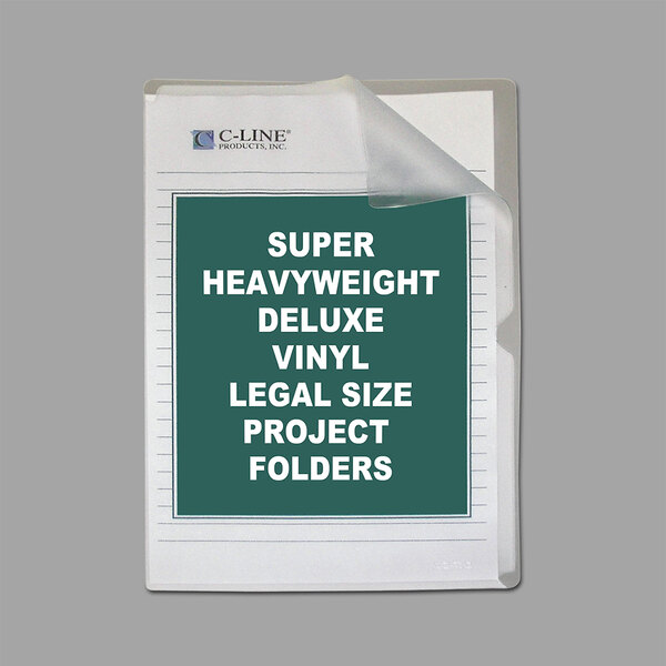 A box of C-Line deluxe legal size clear vinyl project folders.