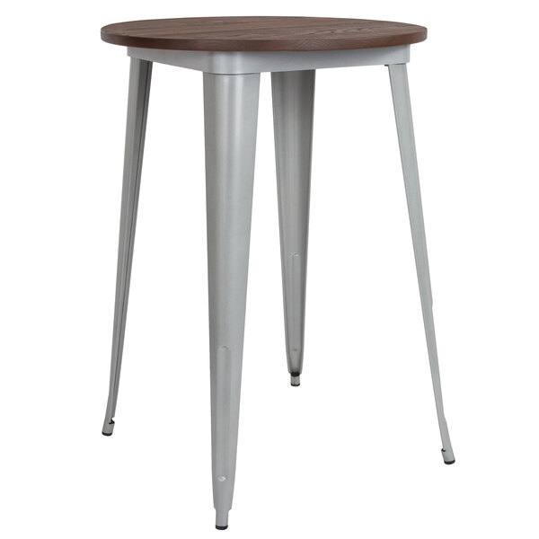 A Flash Furniture bar height table with a round walnut top and silver metal legs.