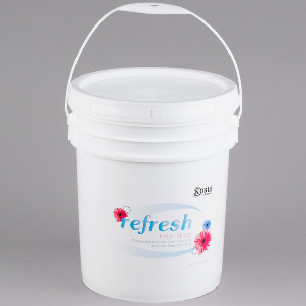 A white Noble Chemical 5 gallon bucket with a lid.