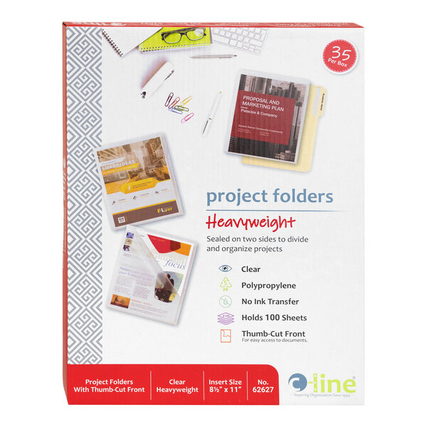 A box of C-Line letter size clear finish project folders.