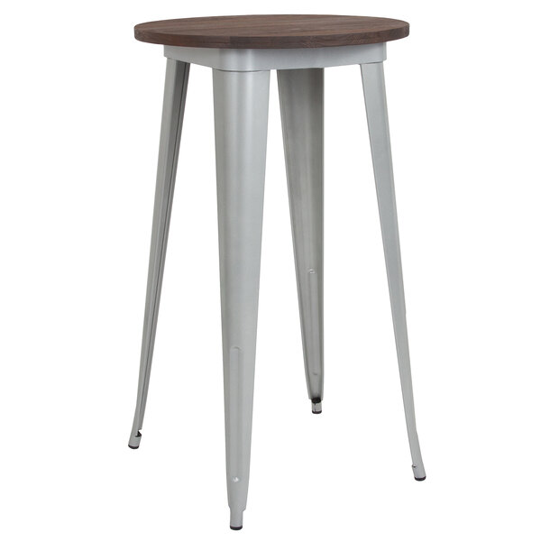 A Flash Furniture round walnut bar height table with a silver metal base.