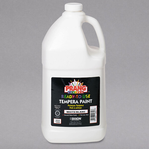 A white jug of Prang white tempera paint with a black label.