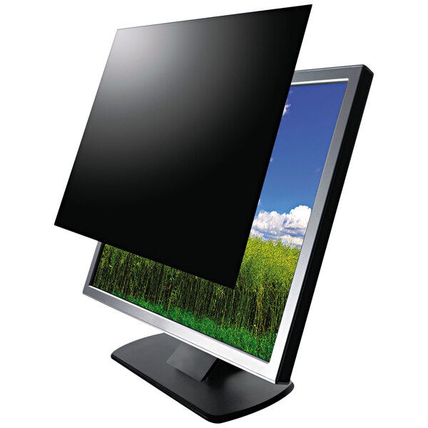A Kantek widescreen LCD monitor with a black privacy filter over the screen.