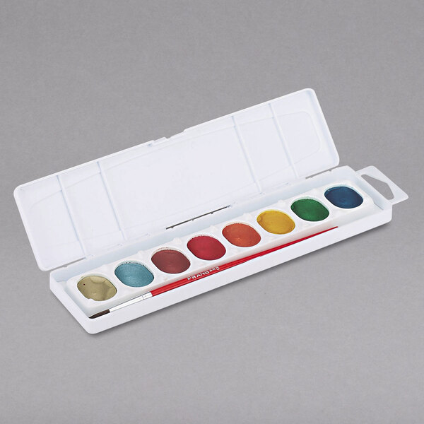 A white box with a palette of Prang metallic watercolor paints.