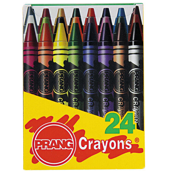 A yellow box of Prang soy crayons with red and green text.