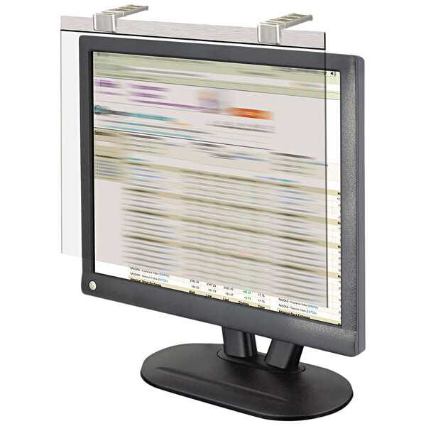 A Kantek deluxe privacy filter on a computer monitor showing a clear web page.