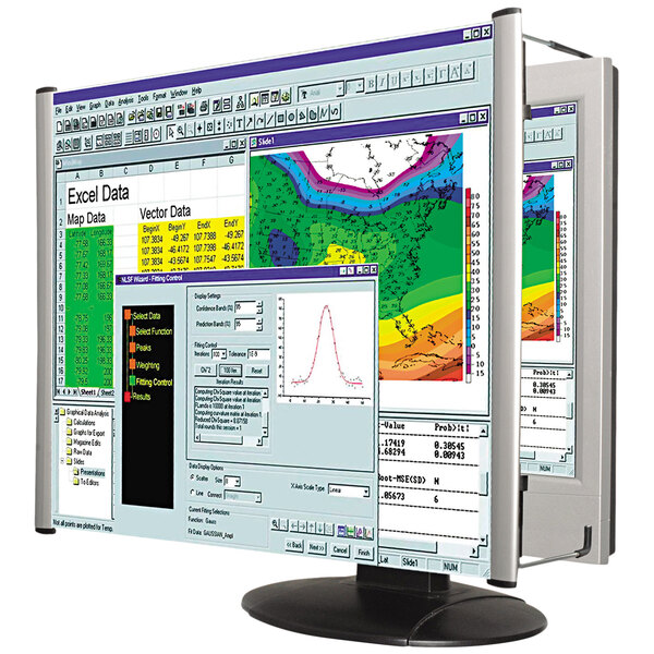 A Kantek 22" widescreen LCD monitor magnifier on a computer screen showing data.