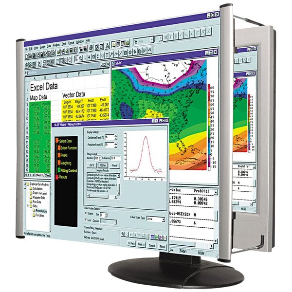 A Kantek 19" LCD monitor magnifier filter on a computer monitor displaying data.