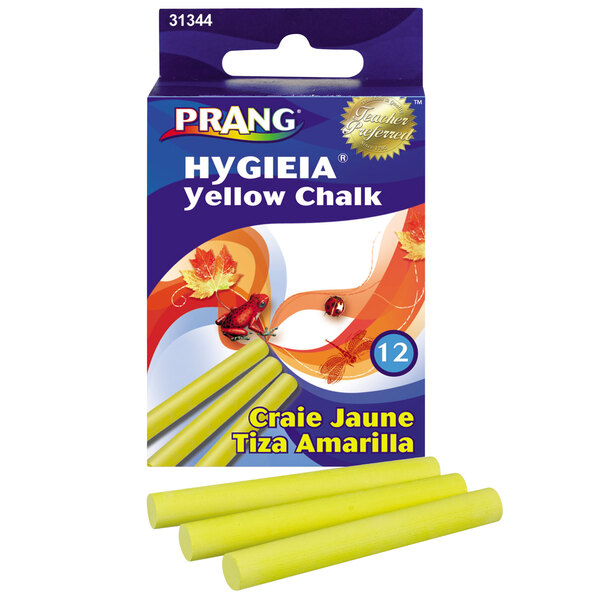 A box of yellow Prang Hygieia chalk with yellow sticks inside.