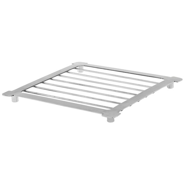 A stainless steel square metal rack with metal legs.