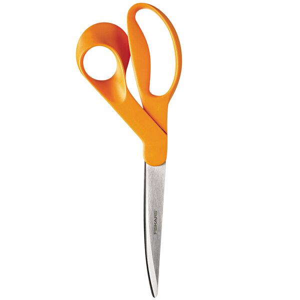 Fiskars 9" stainless steel scissors with orange bent handles.