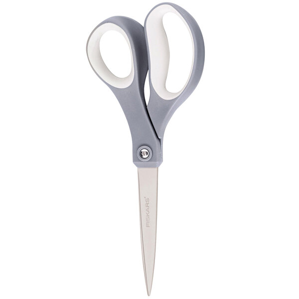 Fiskars 8" Titanium pointed tip office scissors with blue and grey softgrip handle.
