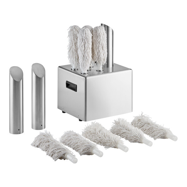 A commercial electric glass polisher with five brush heads, extra polishing heads, and two metal blow tubes.