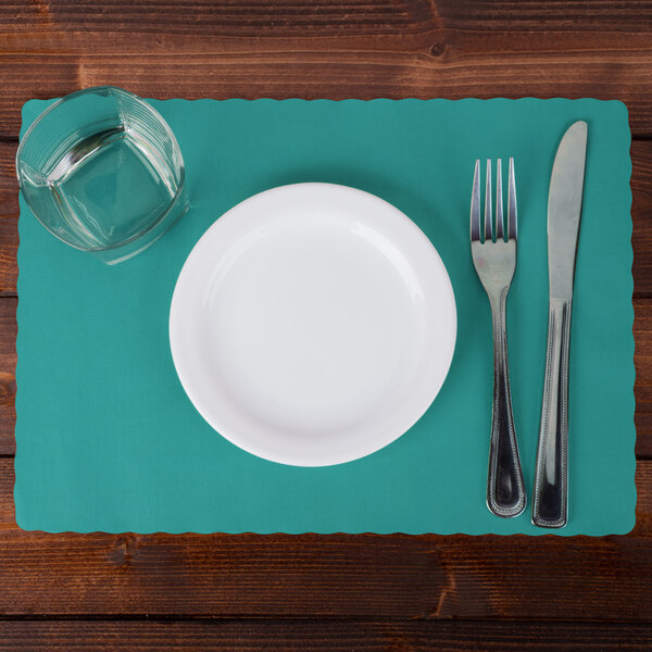 Hoffmaster 310527 10" x 14" Teal Colored Paper Placemat with Scalloped Edge   - 1000/Case