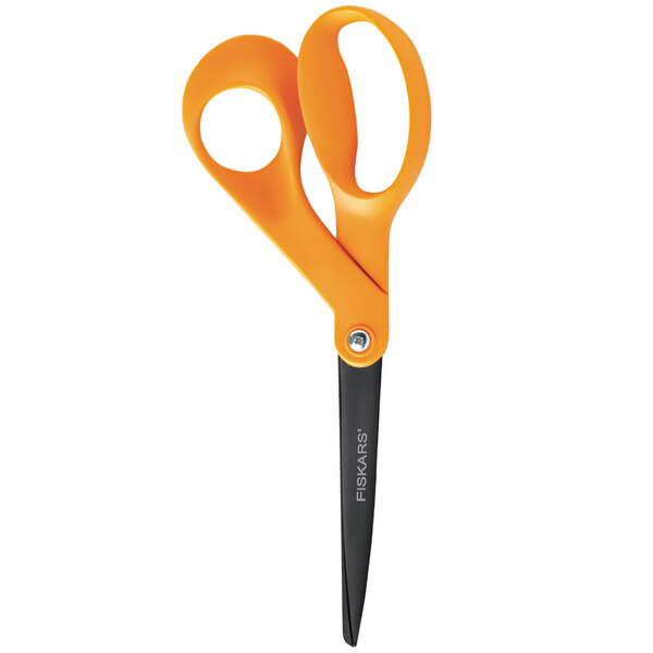 Fiskars 8" Non-Stick Stainless Steel Pointed Tip Office Scissors with Orange Bent Handle.