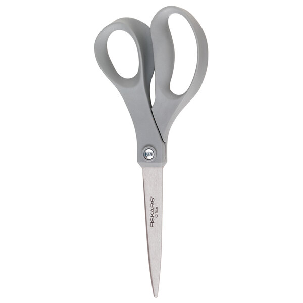 Fiskars 8" stainless steel office scissors with gray handles.