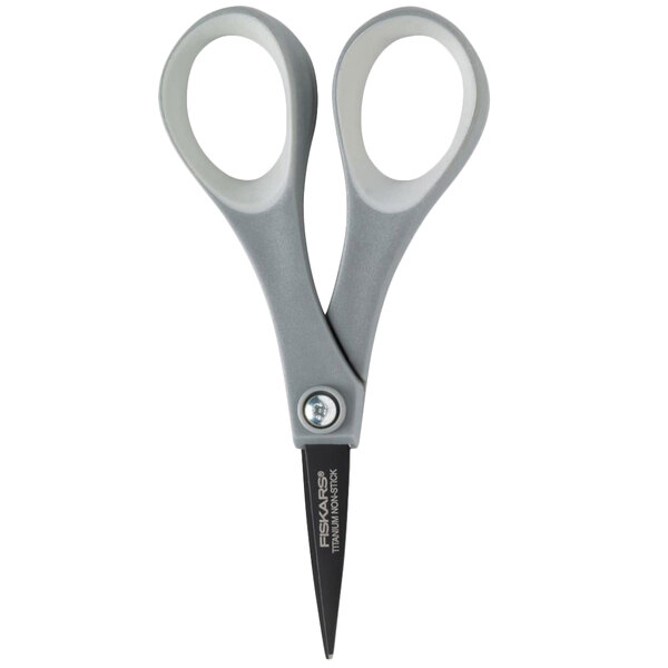 Fiskars 5" Non-Stick Titanium Pointed Tip Office Scissors with a gray handle.