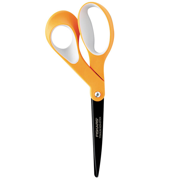 Fiskars 8" office scissors with orange and gray handles.