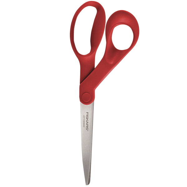A close-up of Fiskars left-handed office scissors with red handles.