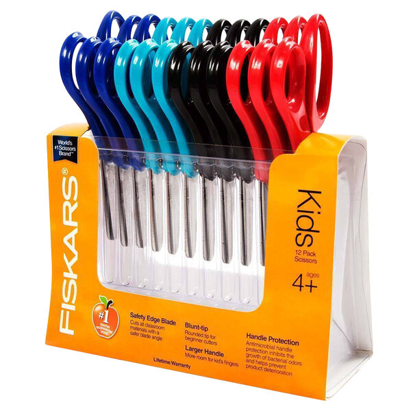 A package of 12 Fiskars kids scissors with assorted colored handles.