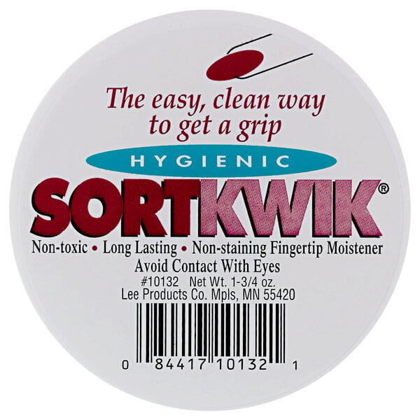 A white container of LEE Sortwik fingertip moistener with red and blue text.