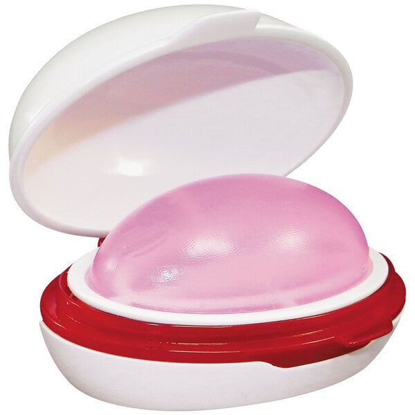 A pink and white oval container with a red lid containing LEE Sortwik fingertip moistener.