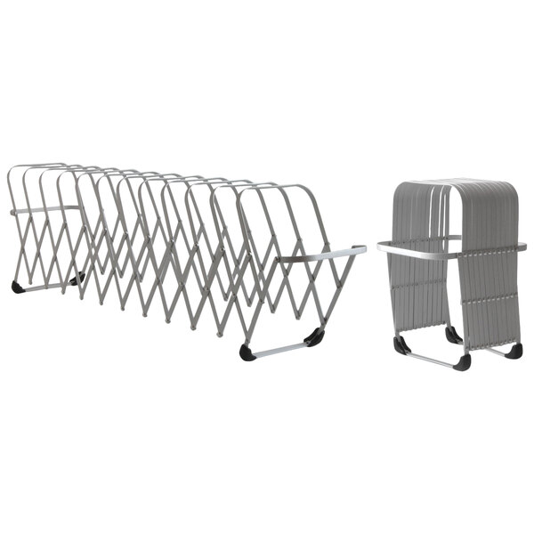 A silver aluminum expandable organizer with 12 slots.