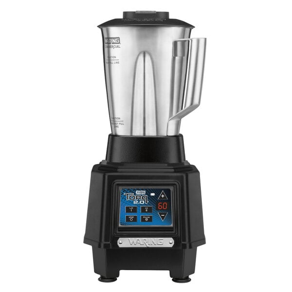A Waring commercial blender with a digital display on a silver and black container.