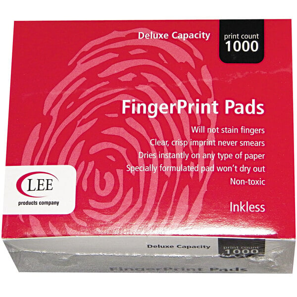 A red box of 12 LEE black fingerprint pads with white text.