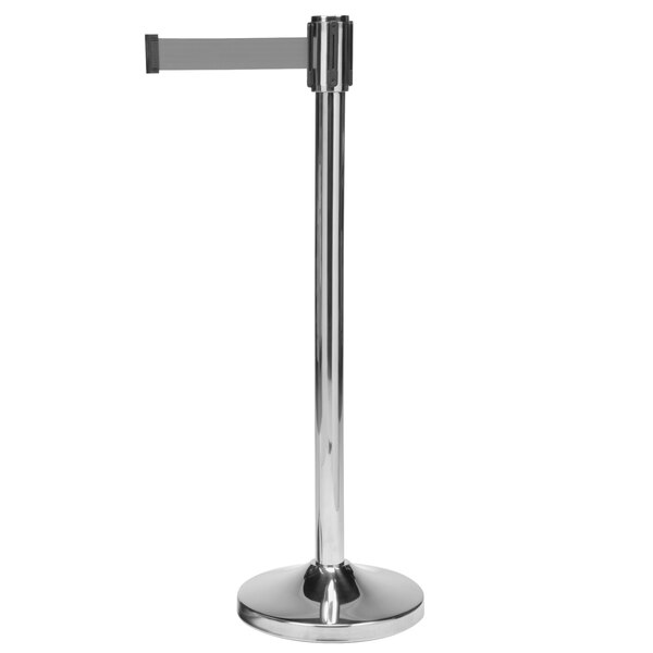 A stainless steel stanchion with a black base and tape.