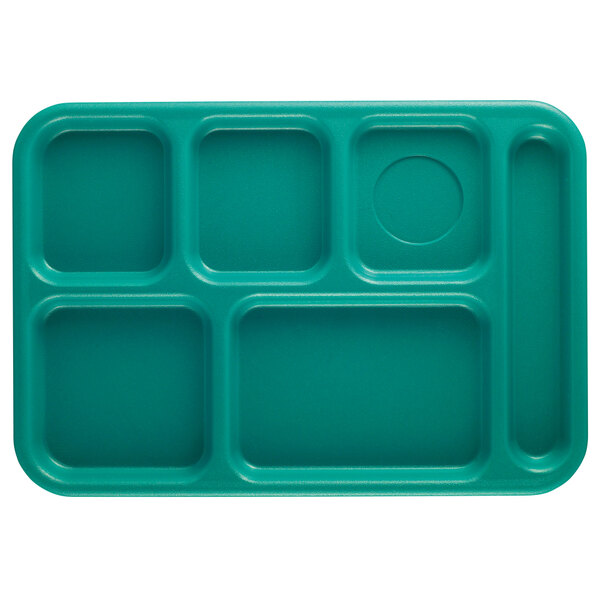 A teal rectangular tray with 6 compartments, including 4 square and 1 circle.