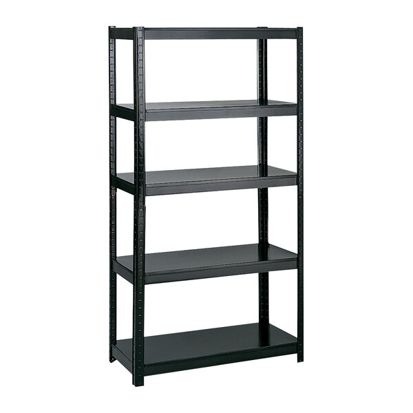 A Safco black steel boltless shelving unit with five shelves.