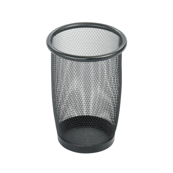 A close-up of a black mesh Safco wastebasket.