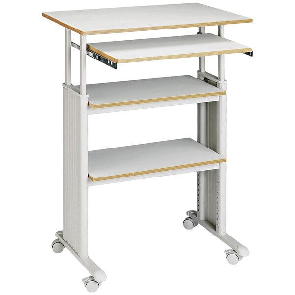 A gray Safco Muv adjustable height stand-up workstation with wheels.