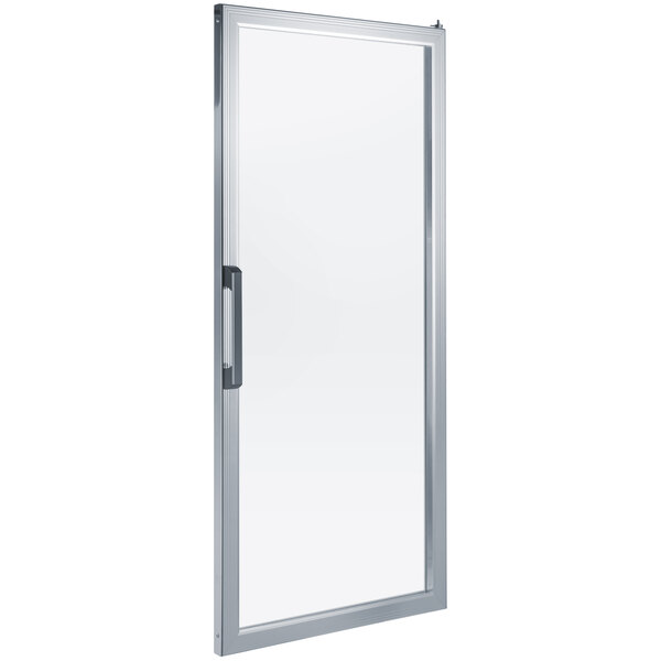 A white Avantco refrigerator door with a glass door handle.