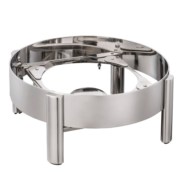 A round stainless steel plate with metal legs.