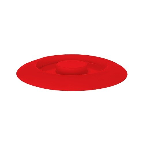 A red plastic round lid with a round top and a black line.