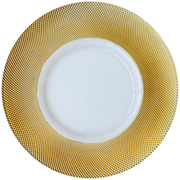 A white charger plate with a gold diamond rim.