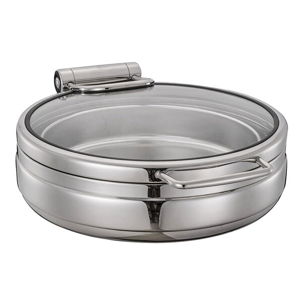 A silver round Bon Chef stainless steel chafer with a glass lid.