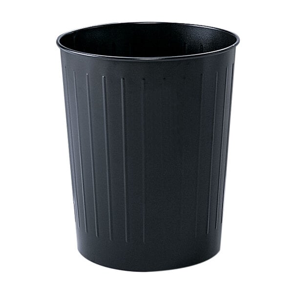 A black Safco steel round wastebasket.