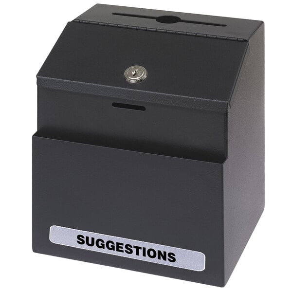 A black steel Safco suggestion box with locking top and the word "Suggestions" on it.