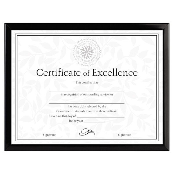 A certificate of excellence in a black frame.