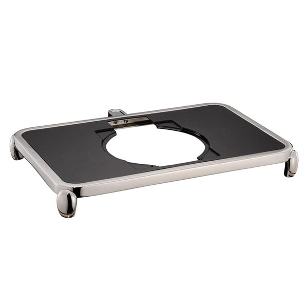A black and silver rectangular tray with a hole in the middle for a Bon Chef Magnifico low profile induction stand.