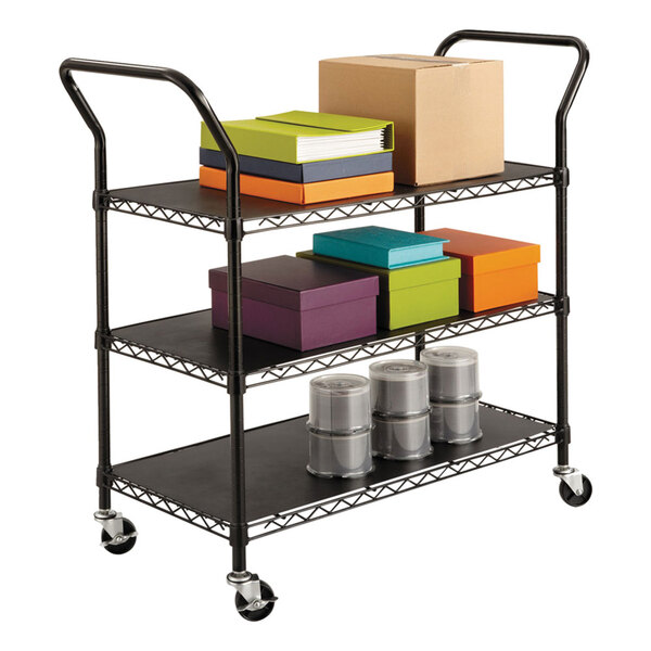 A black Safco 3 shelf utility cart with boxes and cans on it.