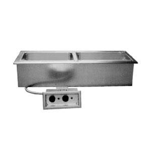 A Delfield narrow stainless steel drop-in hot food well on a counter with a drain.