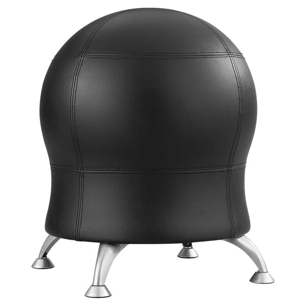 A black vinyl ball chair with silver legs.