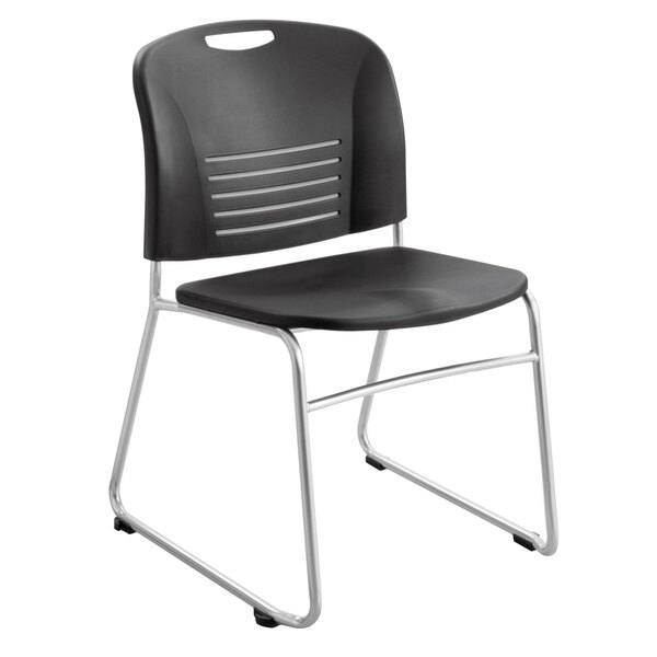 A Safco black plastic guest chair with metal legs.