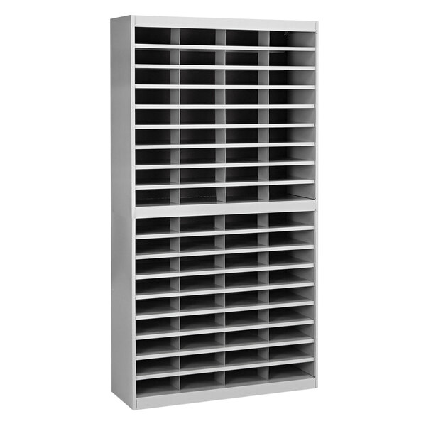 A gray metal Safco E-Z Stor file organizer with many compartments.